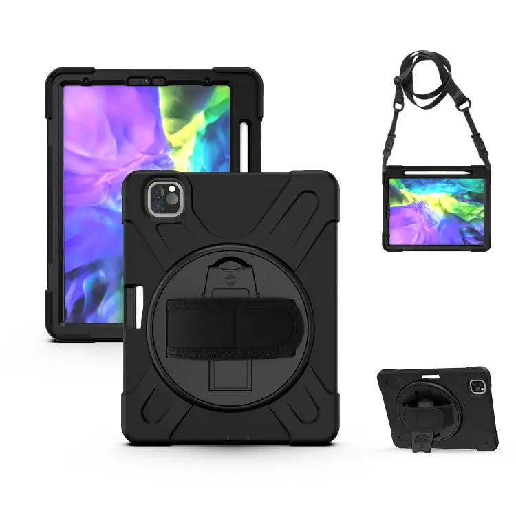 For iPad Pro 12.9 (2020) 360 Degree Rotation Silicone Protective Cover with Holder & Hand Strap & Long Strap & Pencil
