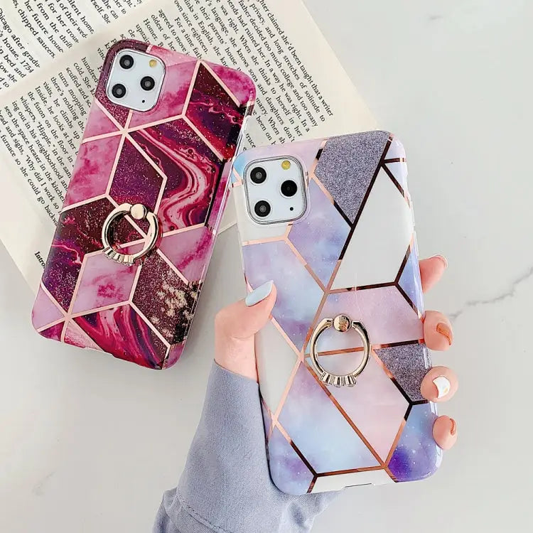 For iPhone 11 Pro Plating Colorful Geometric Pattern Mosaic Marble TPU Mobile Phone Case Rhinestone Stand Ring