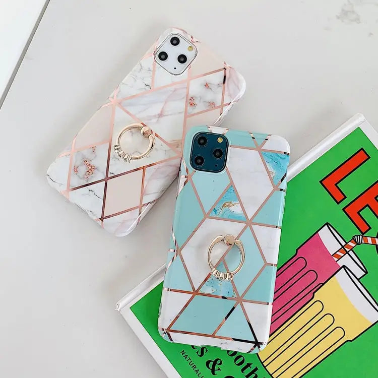 For iPhone 11 Pro Plating Colorful Geometric Pattern Mosaic Marble TPU Mobile Phone Case Rhinestone Stand Ring