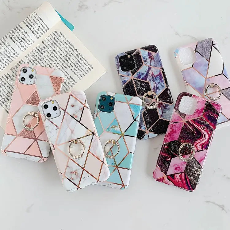 For iPhone 11 Pro Plating Colorful Geometric Pattern Mosaic Marble TPU Mobile Phone Case Rhinestone Stand Ring