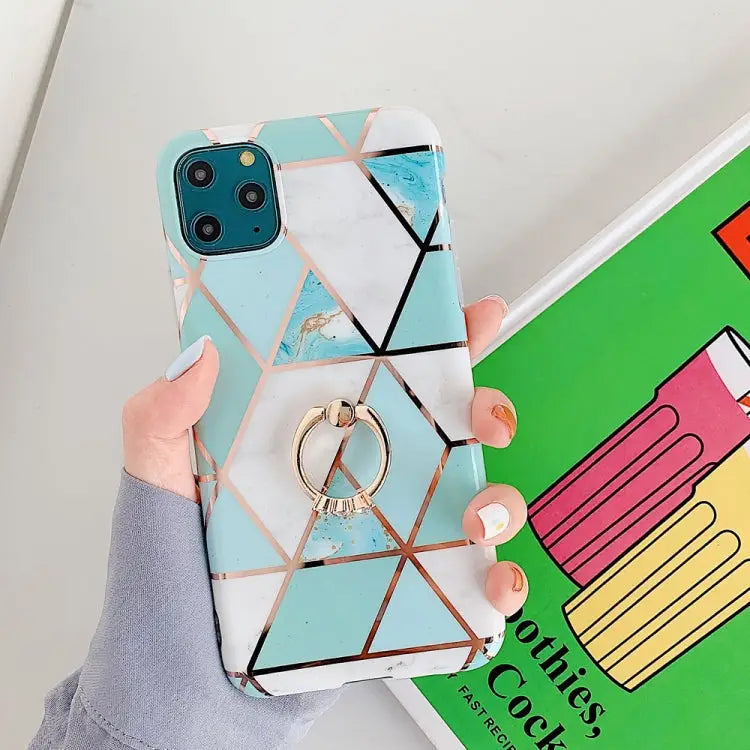 For iPhone 11 Pro Plating Colorful Geometric Pattern Mosaic Marble TPU Mobile Phone Case Rhinestone Stand Ring