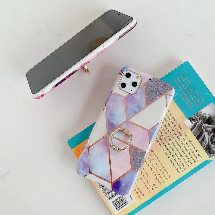 For iPhone 11 Pro Plating Colorful Geometric Pattern Mosaic Marble TPU Mobile Phone Case Rhinestone Stand Ring