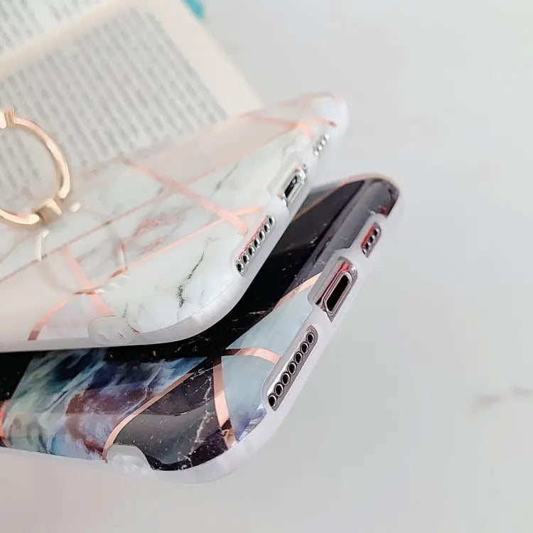 For iPhone 11 Pro Plating Colorful Geometric Pattern Mosaic Marble TPU Mobile Phone Case Rhinestone Stand Ring
