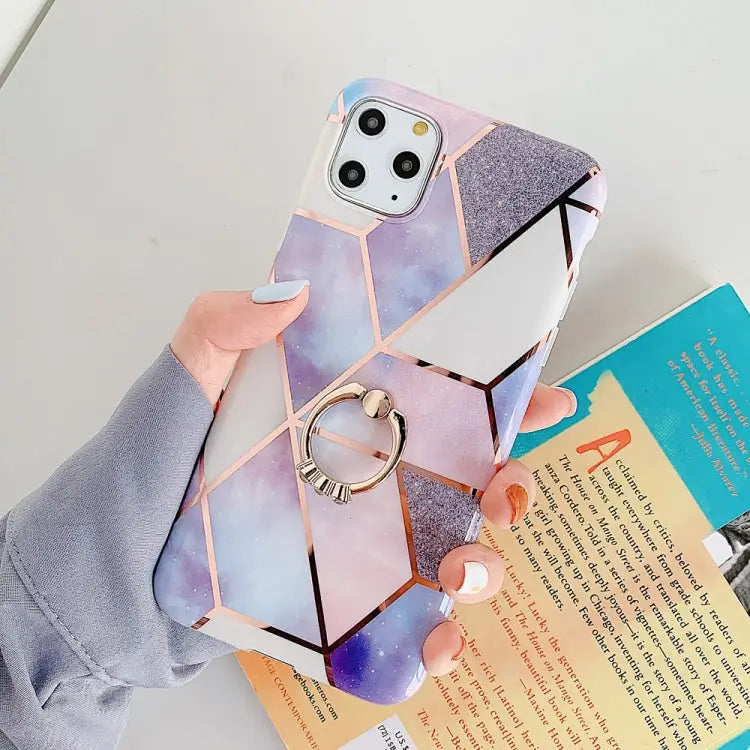 For iPhone 11 Pro Plating Colorful Geometric Pattern Mosaic Marble TPU Mobile Phone Case Rhinestone Stand Ring