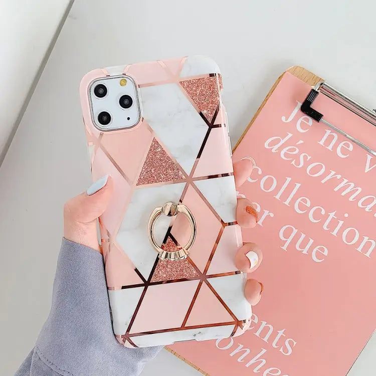 For iPhone 11 Pro Plating Colorful Geometric Pattern Mosaic Marble TPU Mobile Phone Case Rhinestone Stand Ring