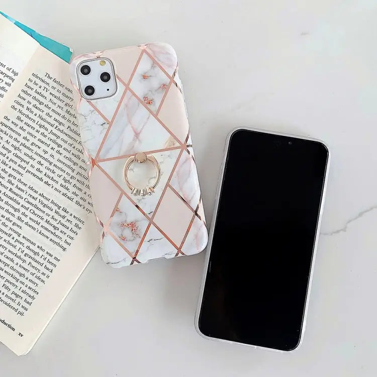 For iPhone 11 Pro Plating Colorful Geometric Pattern Mosaic Marble TPU Mobile Phone Case Rhinestone Stand Ring