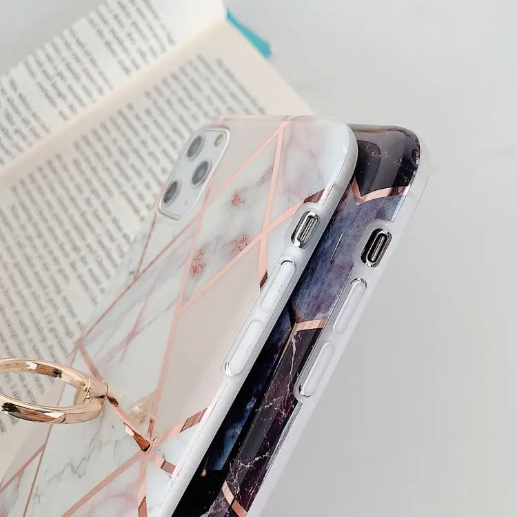For iPhone 11 Pro Plating Colorful Geometric Pattern Mosaic Marble TPU Mobile Phone Case Rhinestone Stand Ring