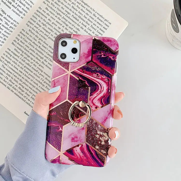 For iPhone 11 Pro Plating Colorful Geometric Pattern Mosaic Marble TPU Mobile Phone Case Rhinestone Stand Ring