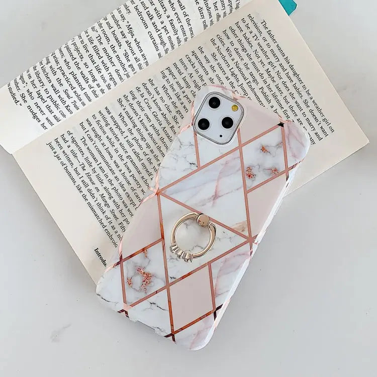 For iPhone 11 Pro Plating Colorful Geometric Pattern Mosaic Marble TPU Mobile Phone Case Rhinestone Stand Ring