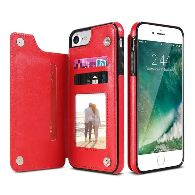 For iPhone 7 Plus / 8 Plus Retro PU Leather Case Multi Card Holders Phone Cases(Brown) - For iPhone 7 Plus / Red