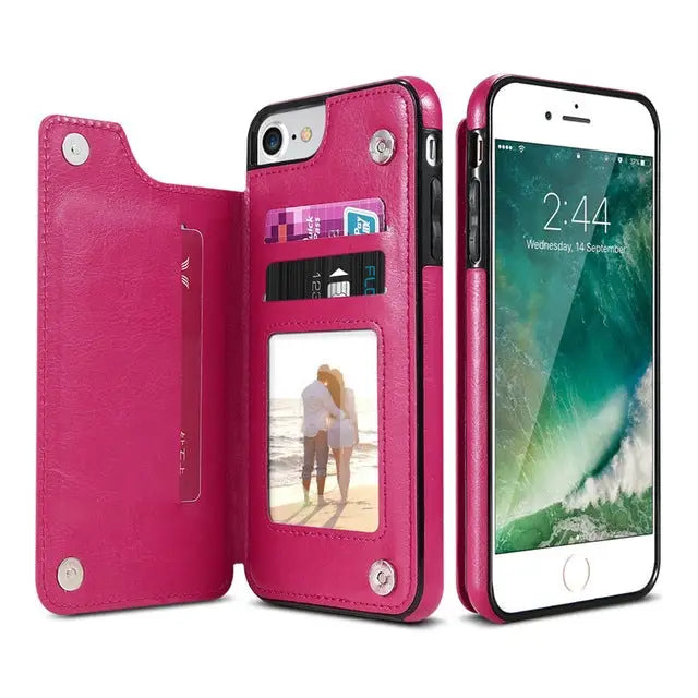 For iPhone 7 Plus / 8 Plus Retro PU Leather Case Multi Card Holders Phone Cases(Brown) - For iPhone 7 Plus / Rose Red
