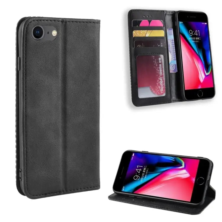 For iPhone SE (2020) Magnetic Buckle Retro Crazy Horse Texture Horizontal Flip Leather Case with Holder & Card Slots &