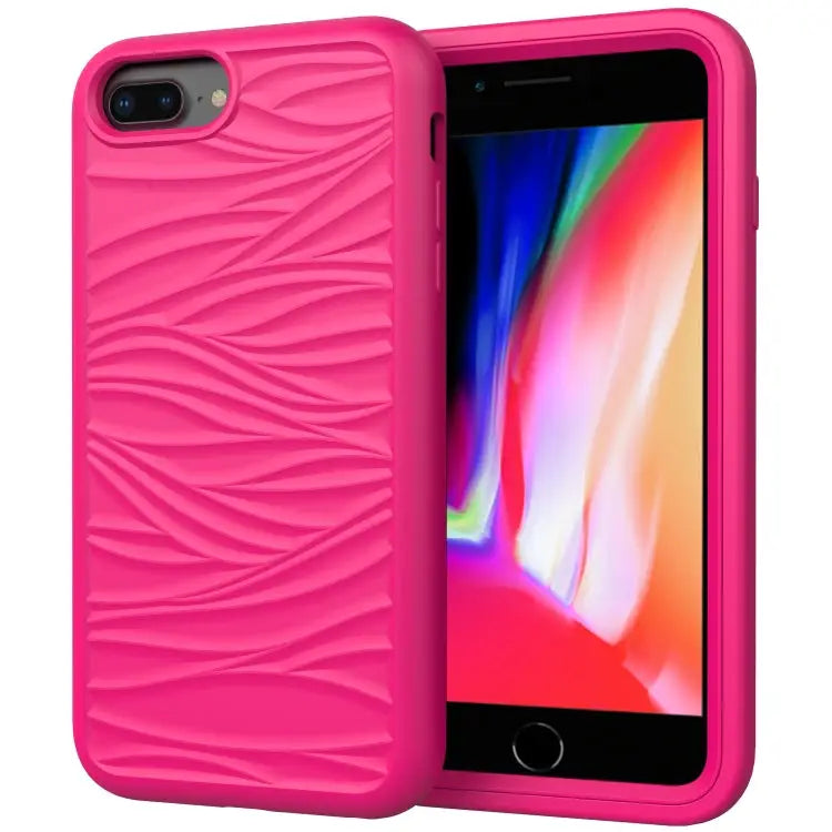 For iPhone SE（2020） Wave Pattern 3 in 1 Silicone + PC Shockproof Protective Case - Hot Pink - Apple Accessories