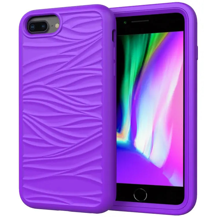 For iPhone SE（2020） Wave Pattern 3 in 1 Silicone + PC Shockproof Protective Case - Purple - Apple Accessories