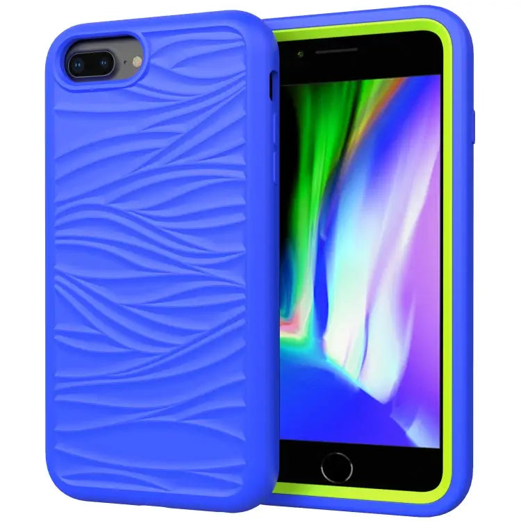 For iPhone SE（2020） Wave Pattern 3 in 1 Silicone + PC Shockproof Protective Case - Blue + Olivine - Apple Accessories