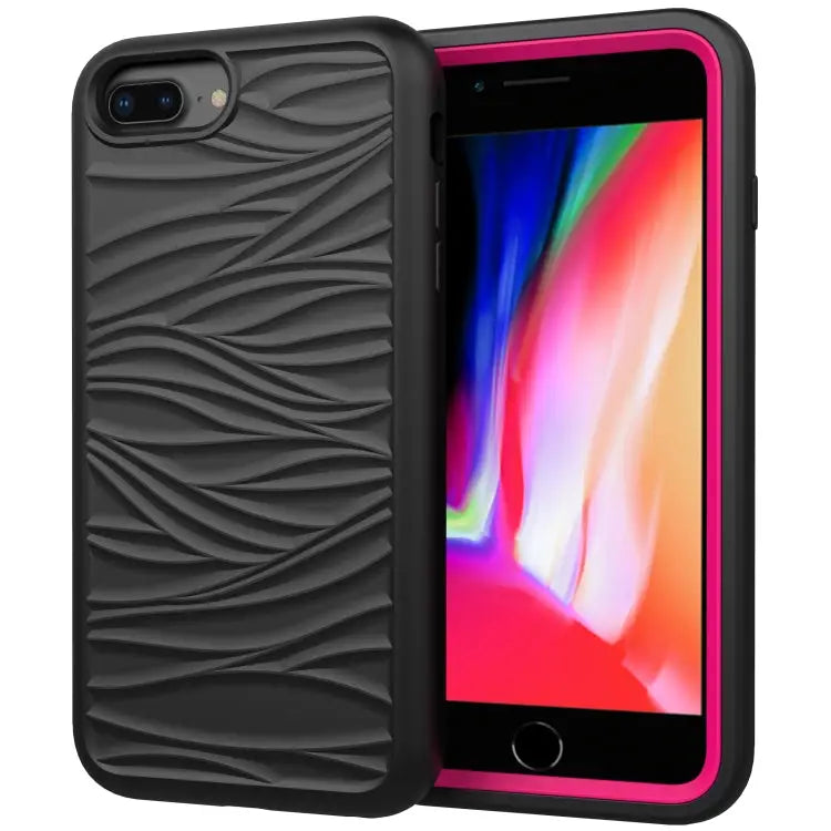 For iPhone SE（2020） Wave Pattern 3 in 1 Silicone + PC Shockproof Protective Case - Black + Hot Pink - Apple Accessories