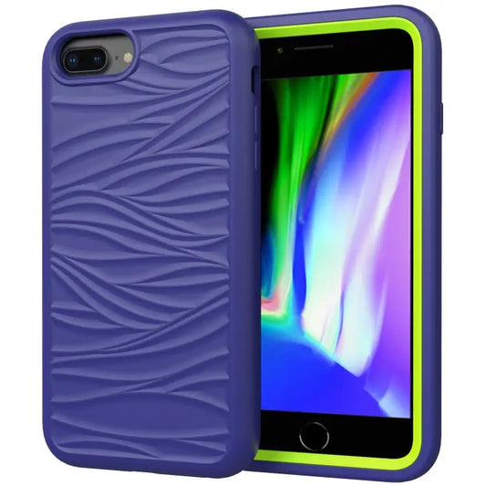 For iPhone SE（2020） Wave Pattern 3 in 1 Silicone + PC Shockproof Protective Case - Navy + Olivine - Apple Accessories