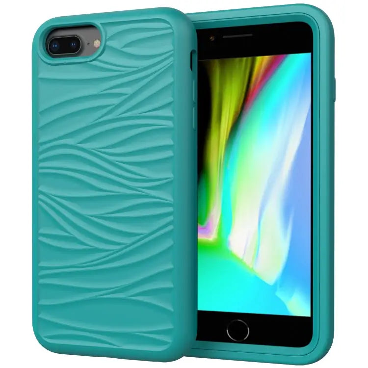 For iPhone SE（2020） Wave Pattern 3 in 1 Silicone + PC Shockproof Protective Case - Dark Sea Green - Apple Accessories