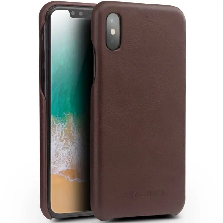 For iPhone X / XS QIALINO Shockproof Cowhide Leather Protective Case - Dark Brown - Apple Accessories