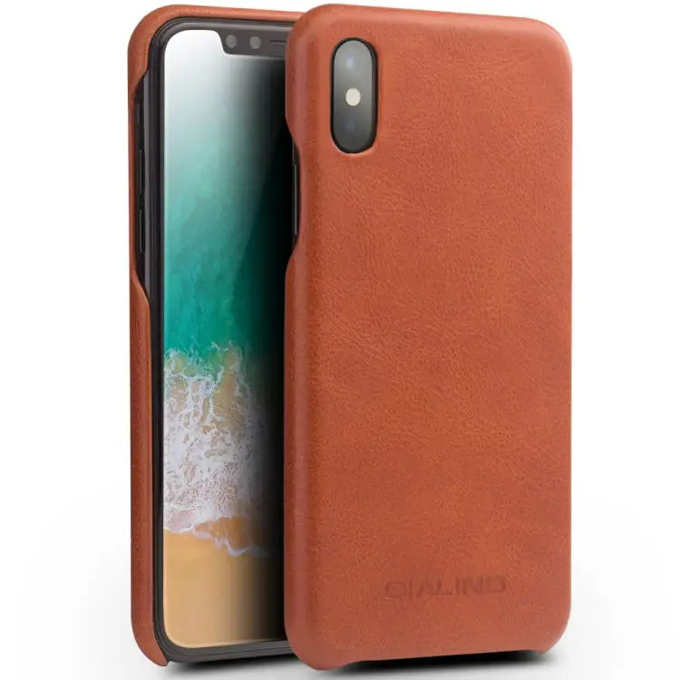 For iPhone X / XS QIALINO Shockproof Cowhide Leather Protective Case - Coffee - Apple Accessories