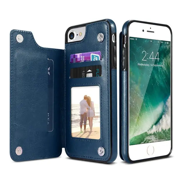 For iPhone XR Retro PU Leather Case Multi Card Holders Phone Case - For iPhone XR / Blue