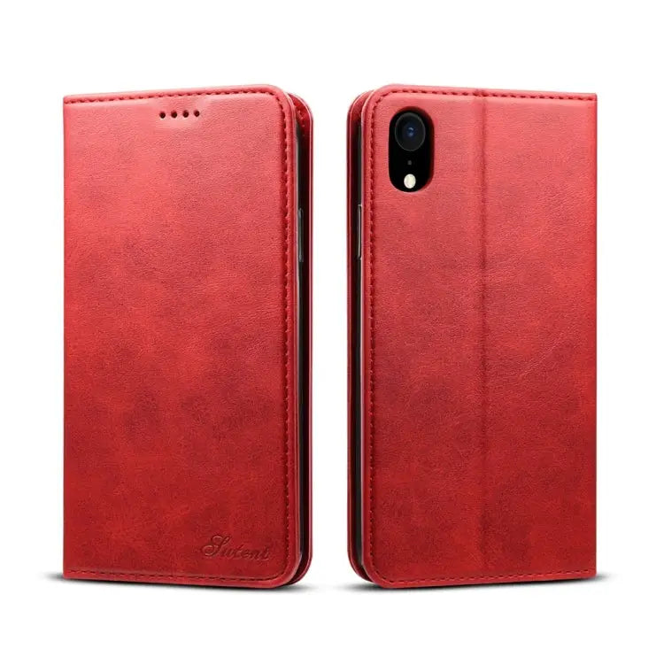 For iPhone XR Suteni Calf Texture Horizontal Flip Leather Case with Holder & Card Slots & Wallet - iPhone XR / Red