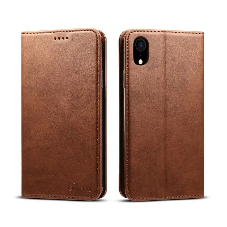 For iPhone XR Suteni Calf Texture Horizontal Flip Leather Case with Holder & Card Slots & Wallet - iPhone XR / Coffee