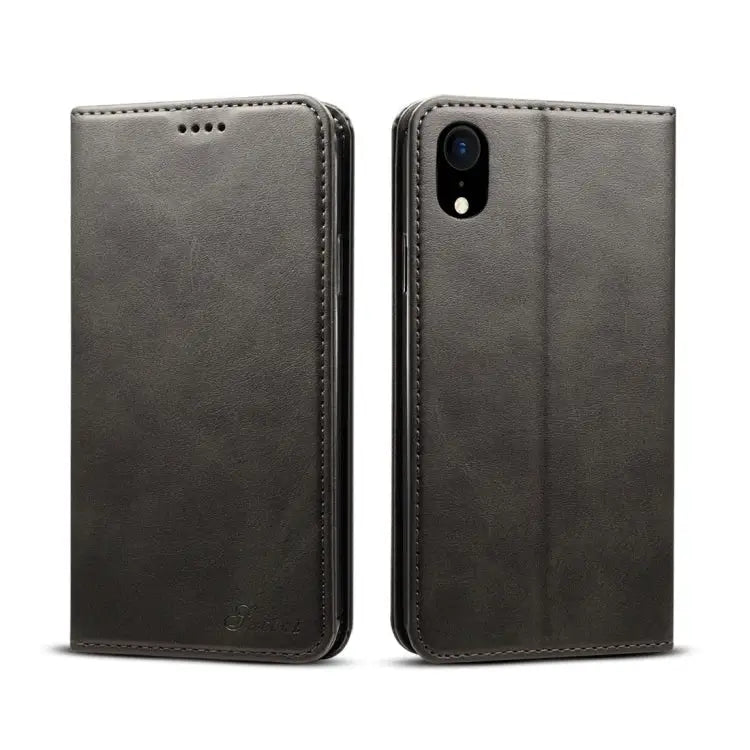 For iPhone XR Suteni Calf Texture Horizontal Flip Leather Case with Holder & Card Slots & Wallet - iPhone XR / Black