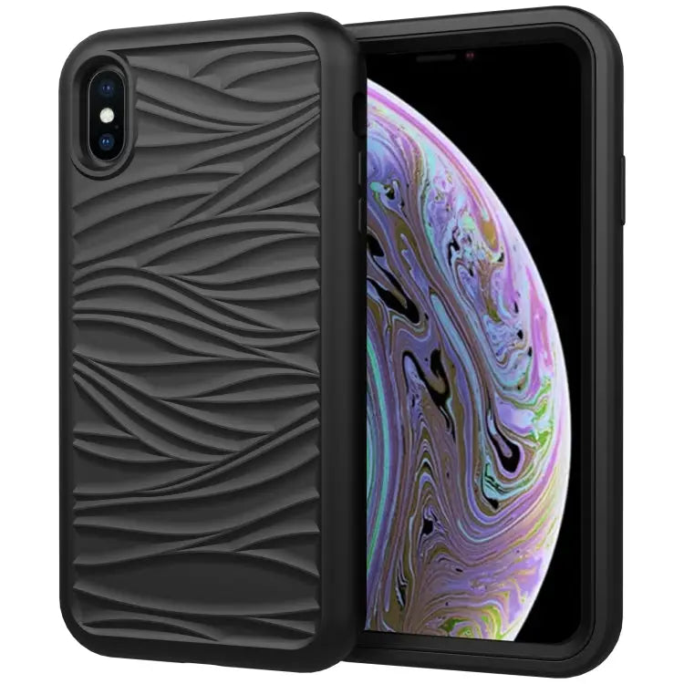 For iPhone XR Wave Pattern 3 in 1 Silicone + PC Shockproof Protective Case - Black - Apple Accessories