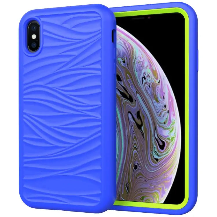 For iPhone XR Wave Pattern 3 in 1 Silicone + PC Shockproof Protective Case - Blue + Olivine - Apple Accessories