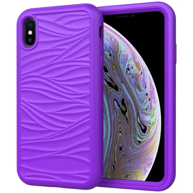 For iPhone XR Wave Pattern 3 in 1 Silicone + PC Shockproof Protective Case - Purple - Apple Accessories