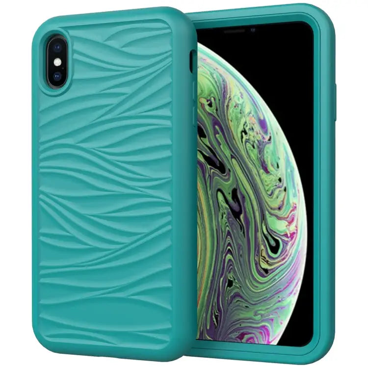 For iPhone XR Wave Pattern 3 in 1 Silicone + PC Shockproof Protective Case - Dark Sea Green - Apple Accessories