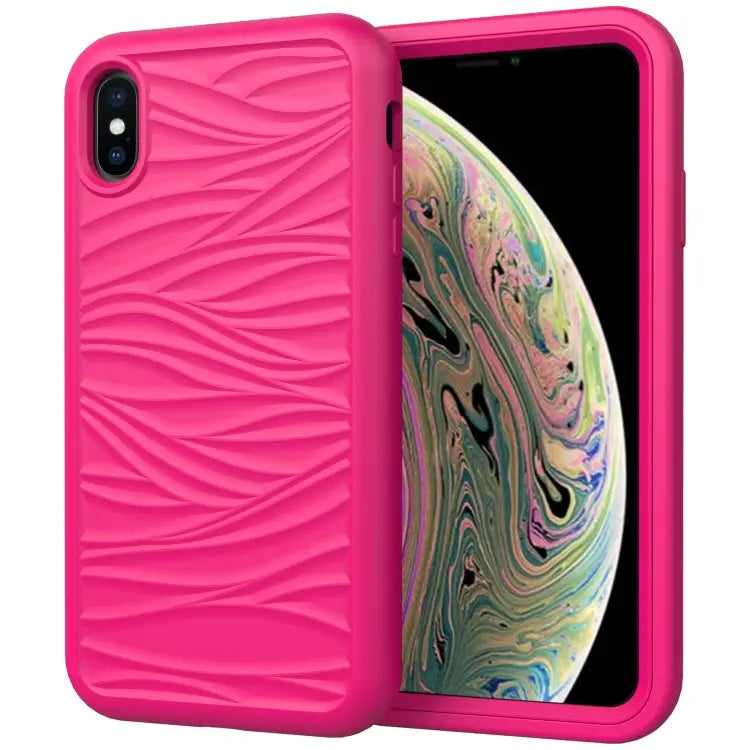 For iPhone XR Wave Pattern 3 in 1 Silicone + PC Shockproof Protective Case - Hot Pink - Apple Accessories