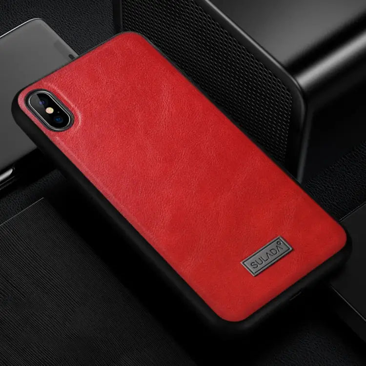 For iPhone XS Max SULADA Shockproof TPU + Handmade Leather Case - Red