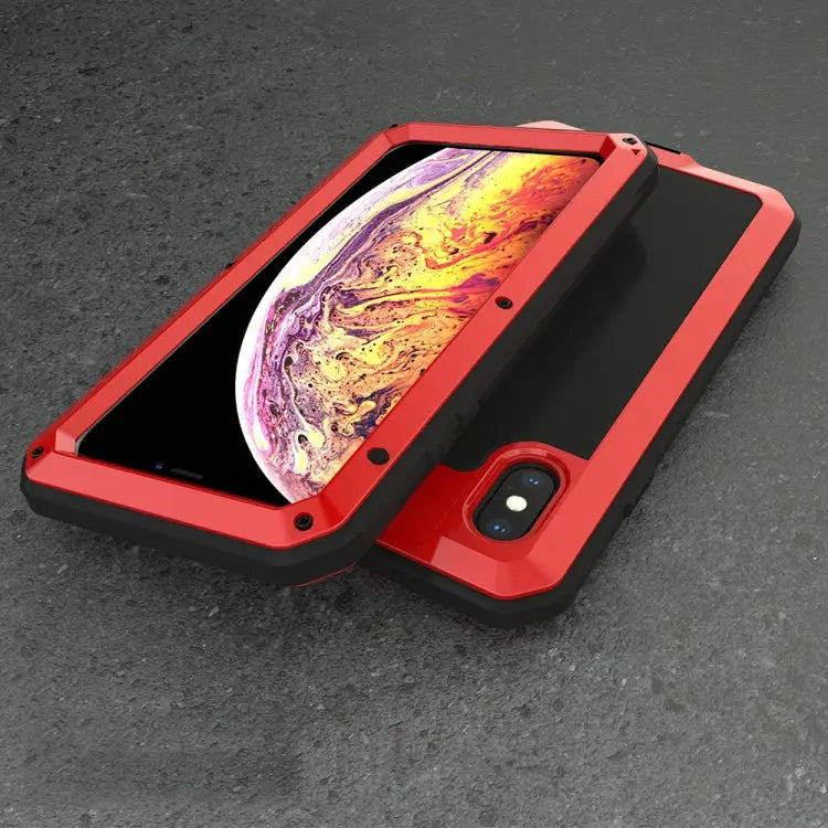 For iPhone XS Max Waterproof Dustproof Shockproof Aluminum Alloy + Tempered Glass + Silicone Case - iPhone XS Max / Red
