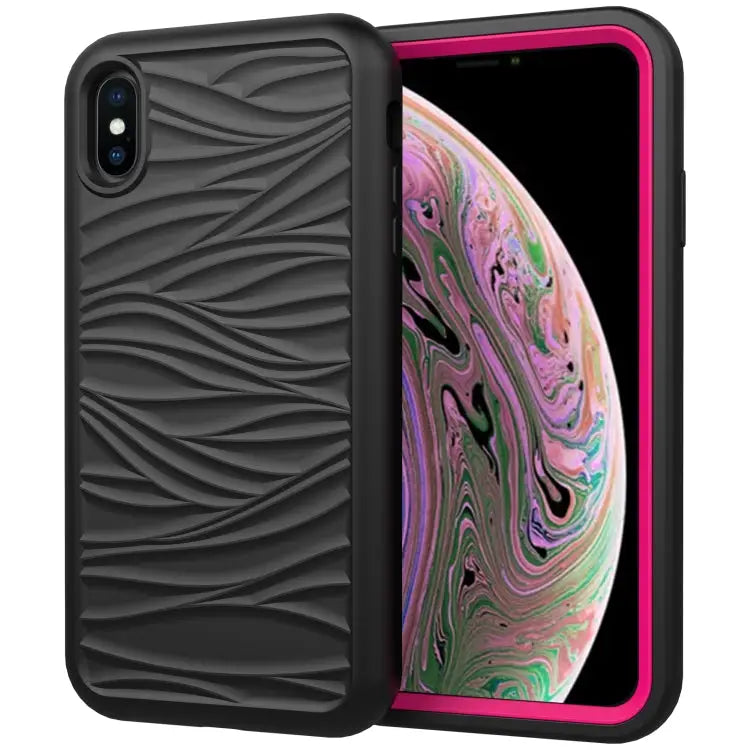 For iPhone XS Max Wave Pattern 3 in 1 Silicone + PC Shockproof Protective Case - Black + Hot Pink - Apple Accessories