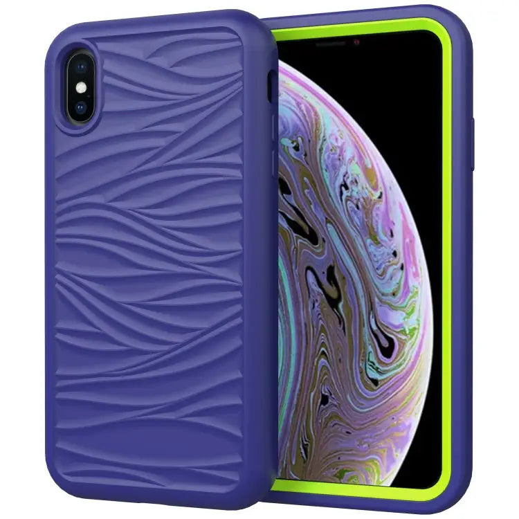 For iPhone XS Max Wave Pattern 3 in 1 Silicone + PC Shockproof Protective Case - Navy + Olivine - Apple Accessories