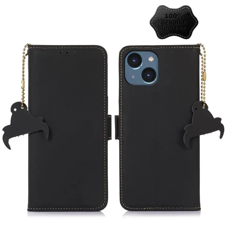 Genuine Leather Magnetic RFID Leather Phone Case - For iPhone 15 / Black
