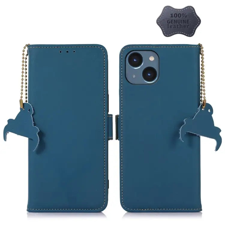 Genuine Leather Magnetic RFID Leather Phone Case - For iPhone 15 Plus / Blue