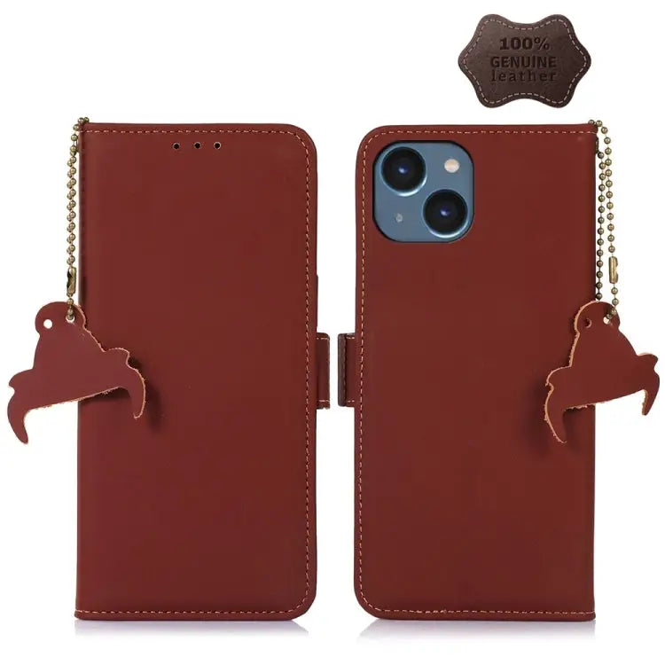 Genuine Leather Magnetic RFID Leather Phone Case - For iPhone 15 Plus / Coffee