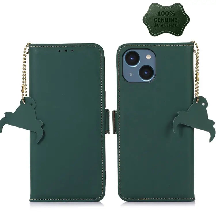 Genuine Leather Magnetic RFID Leather Phone Case - For iPhone 15 Plus / Green