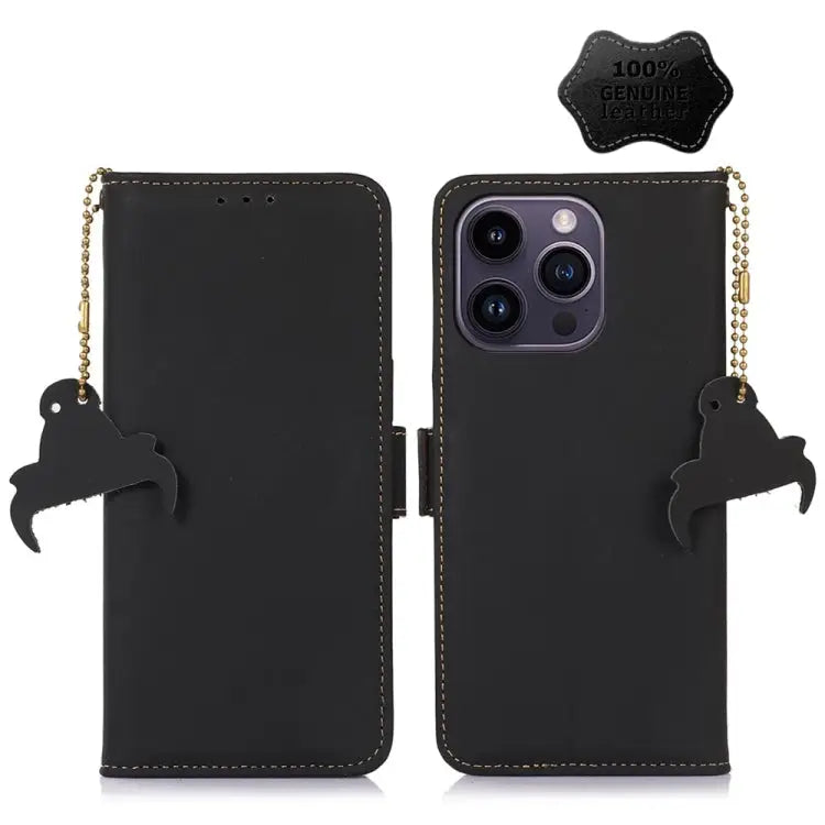 Genuine Leather Magnetic RFID Leather Phone Case - For iPhone 15 Pro / Black