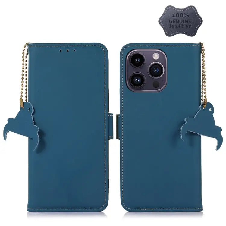 Genuine Leather Magnetic RFID Leather Phone Case - For iPhone 15 Pro / Blue