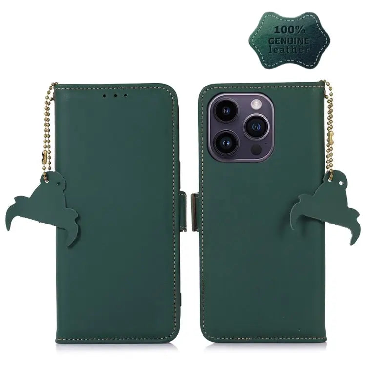 Genuine Leather Magnetic RFID Leather Phone Case - For iPhone 15 Pro / Green