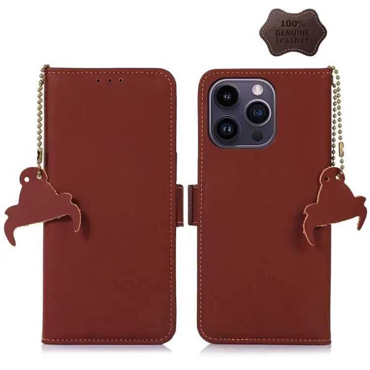 Genuine Leather Magnetic RFID Leather Phone Case - For iPhone 15 Pro Max / Coffee