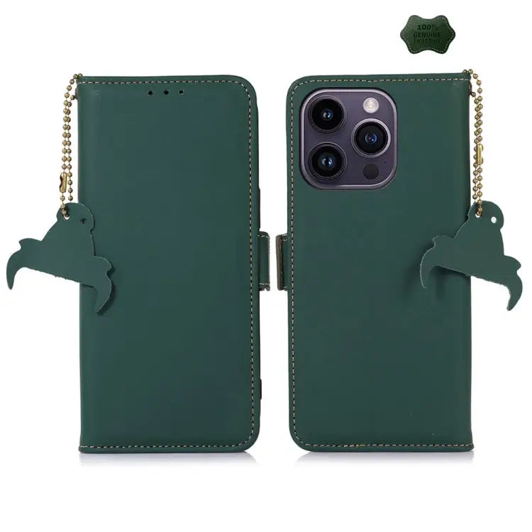 Genuine Leather Magnetic RFID Leather Phone Case - For iPhone 16 Pro / Green