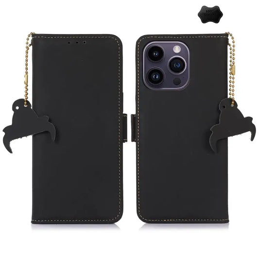 Genuine Leather Magnetic RFID Leather Phone Case - For iPhone 16 Pro Max / Black