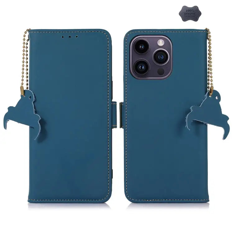 Genuine Leather Magnetic RFID Leather Phone Case - For iPhone 16 Pro Max / Blue