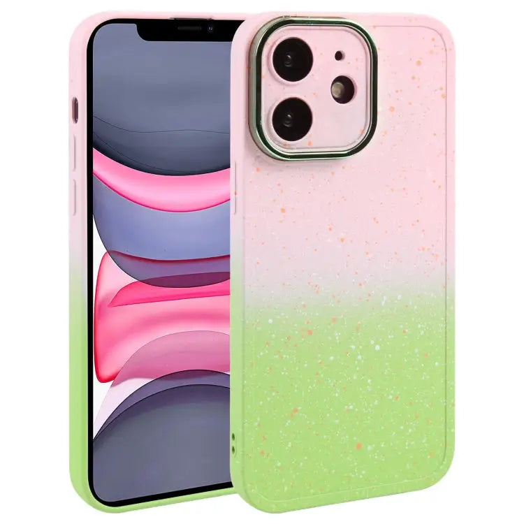 Gradient Starry Silicone Phone Case with Lens Film - For iPhone 11 / Pink Green