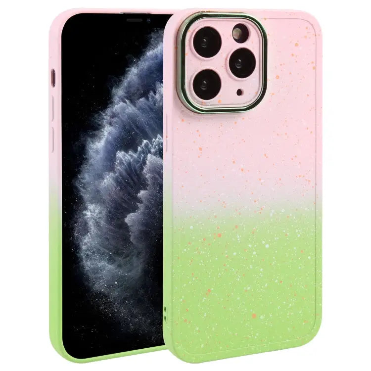 Gradient Starry Silicone Phone Case with Lens Film - For iPhone 11 Pro Max / Pink Green